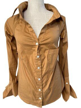 NWT Caroline Constas Tan Button-Up Shirt With Tie Back & Long Sleeves Size S